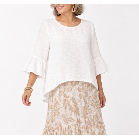bryn Walker Tops - Bryn Walker Fran Linen Round Neck Ruffle Shirt White Sz M Relaxed Fit Boho Beach